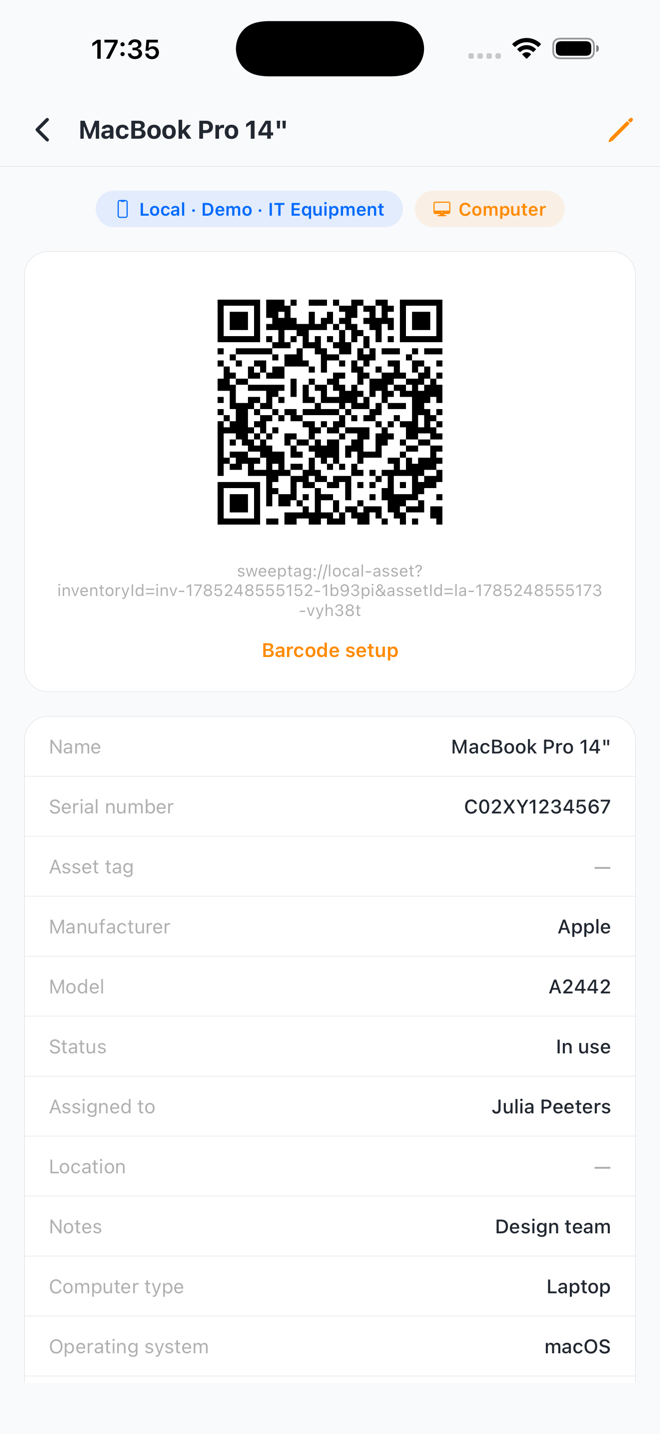SweepTag asset detail with QR code and fields