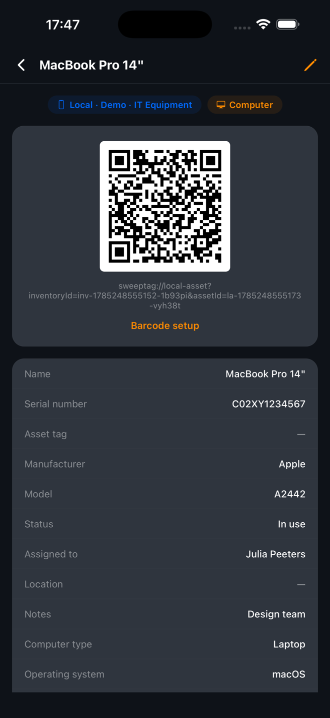 SweepTag asset detail with QR code and fields