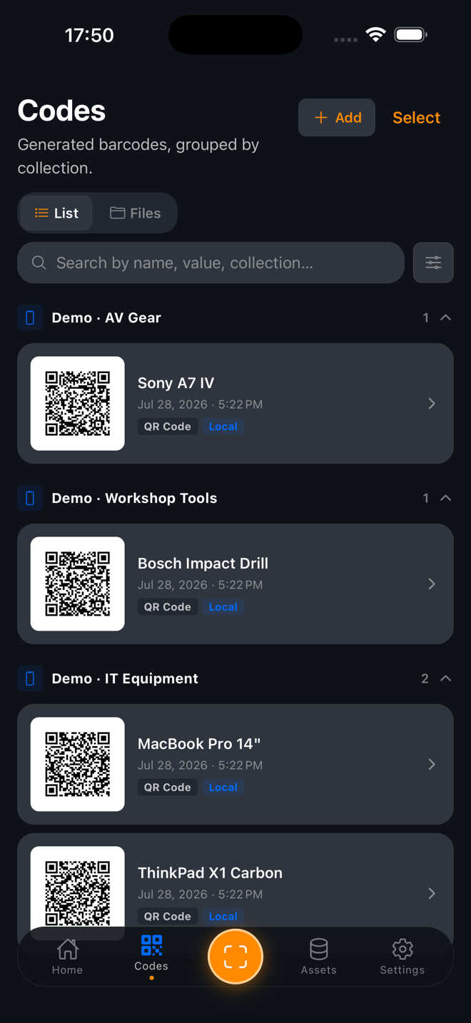 SweepTag generated QR codes grouped by collection