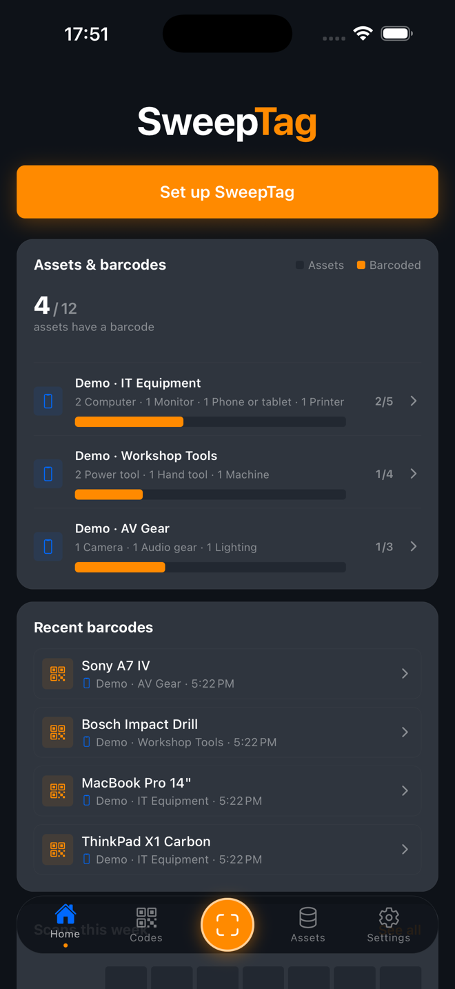 SweepTag home dashboard showing barcode progress
